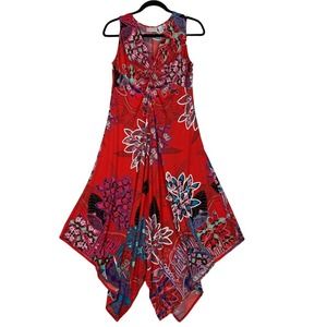 Chico's Red Floral Handkerchief Hem Midi Dress